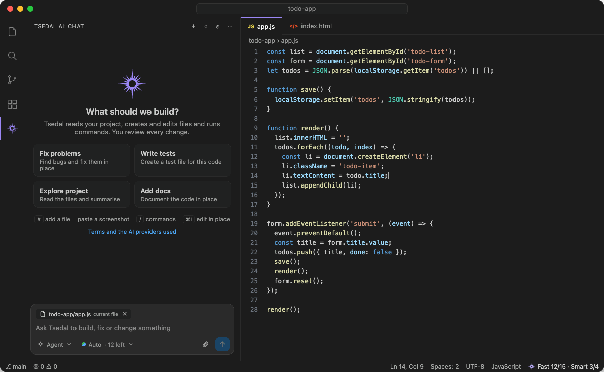Tsedal plans a task, reads the code, proposes a change and saves it after the user accepts