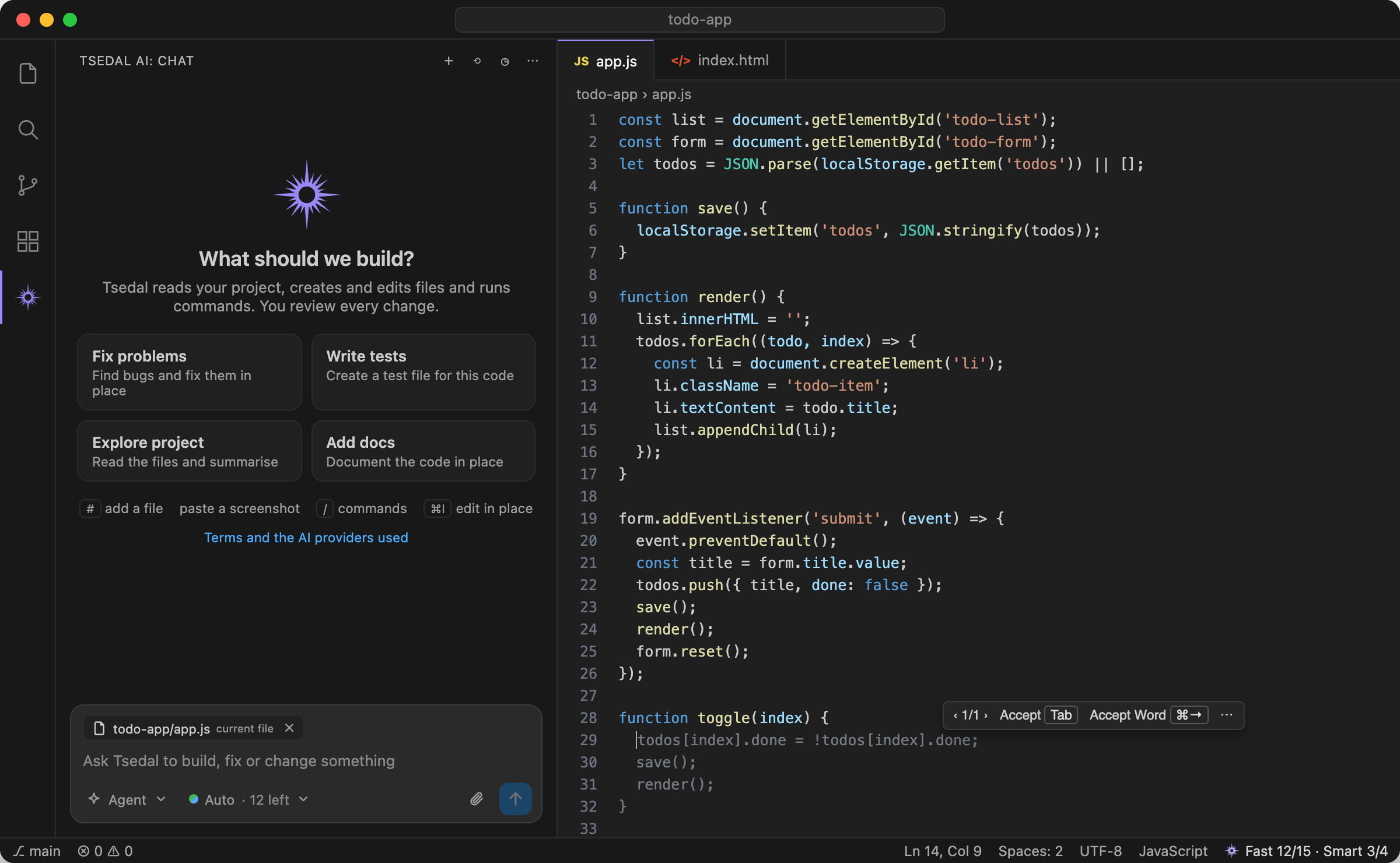 A grey suggestion for the body of a new function, with Accept Tab