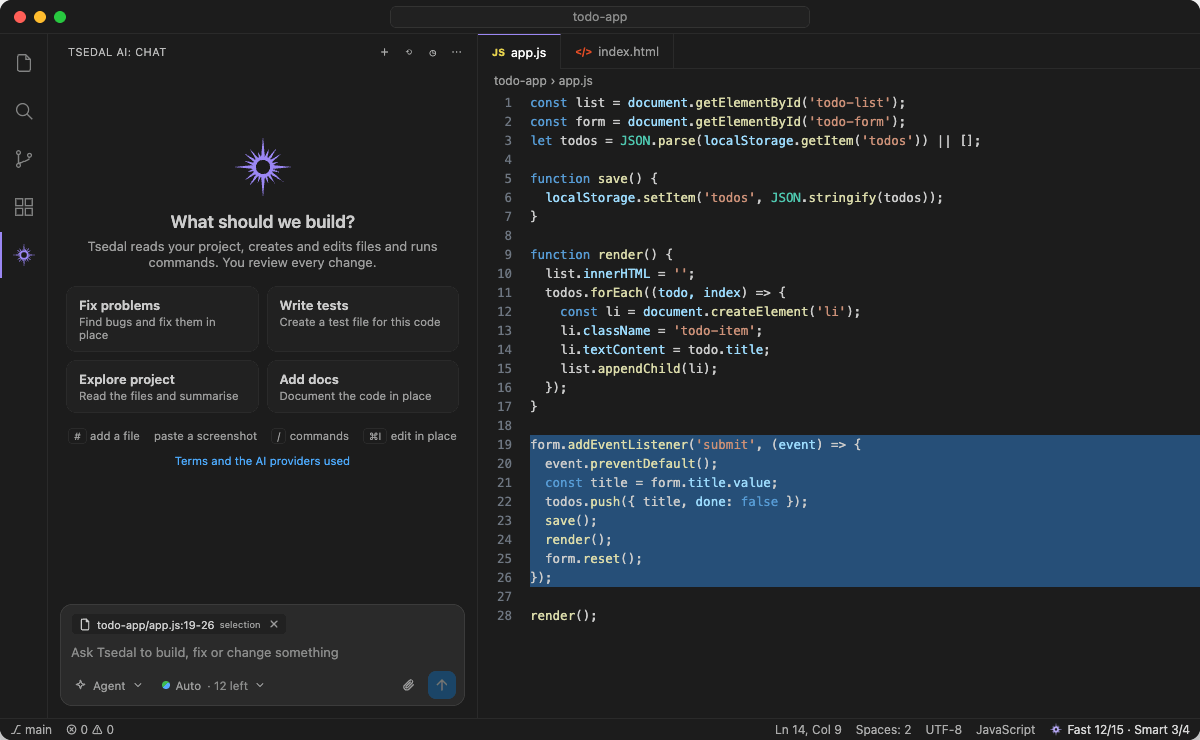 The user selects a function, asks to trim the title, and accepts the highlighted change