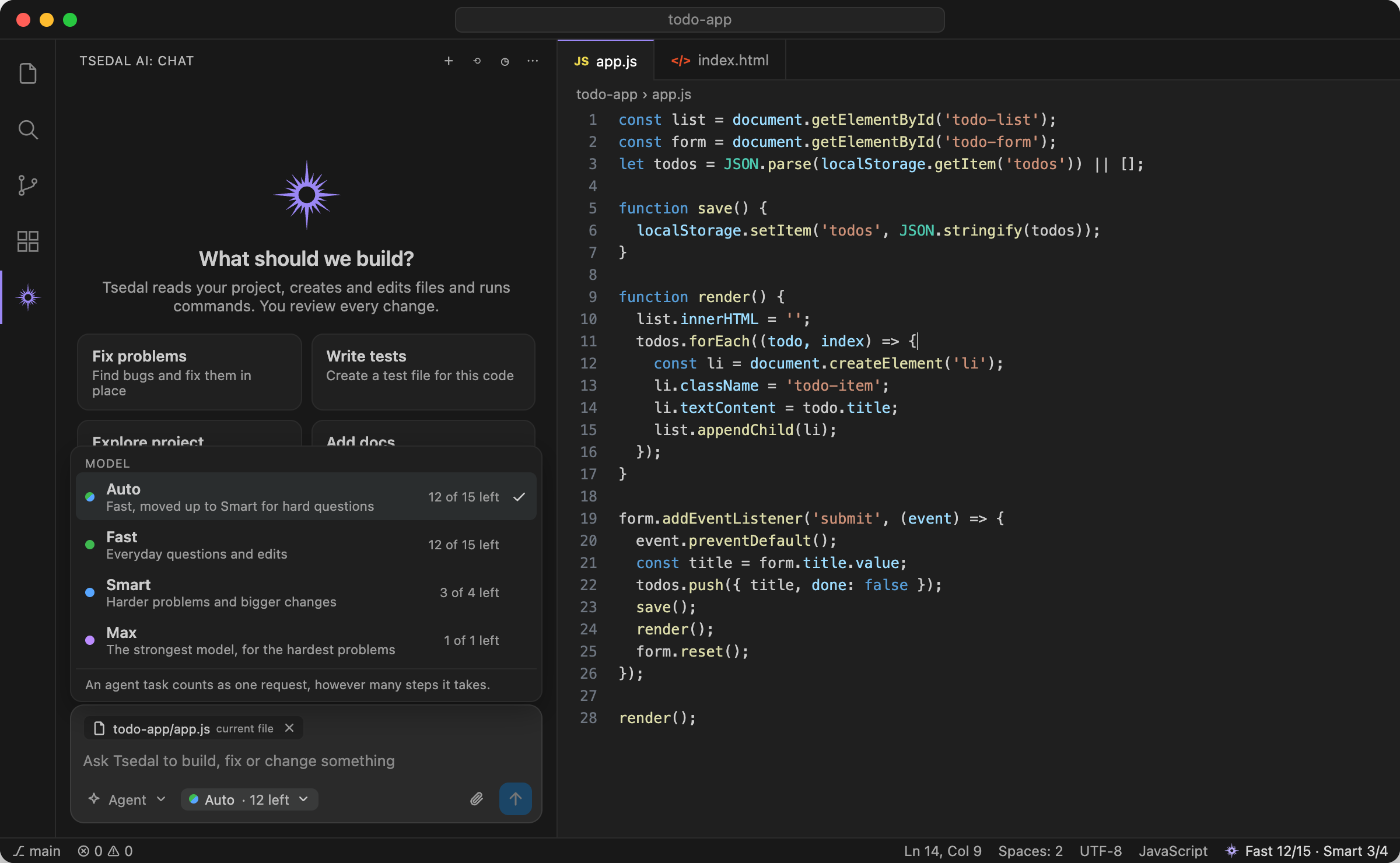 The model menu with Auto, Fast, Smart and Max and how many requests are left on each